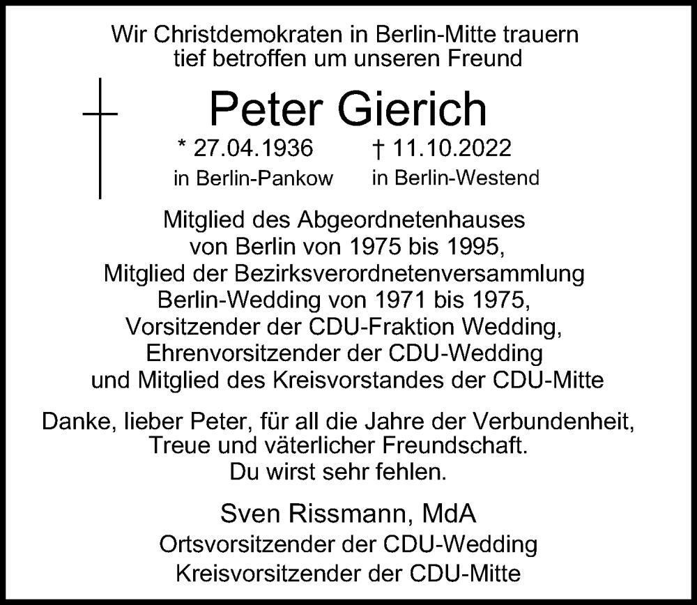  Traueranzeige für Peter Gierich vom 16.10.2022 aus Berliner Morgenpost