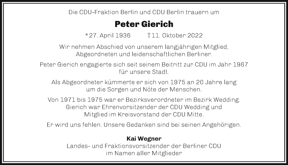  Traueranzeige für Peter Gierich vom 27.10.2022 aus Berliner Morgenpost