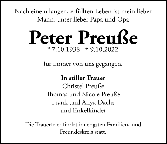 Traueranzeige von Peter Preuße von Berliner Woche / Spandauer Volksblatt