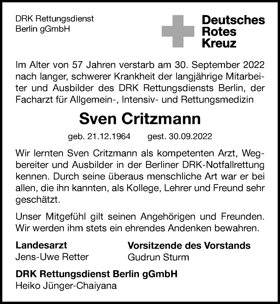  Traueranzeige für Sven Critzmann vom 09.10.2022 aus Berliner Morgenpost