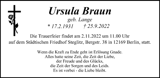 Traueranzeige von Ursula Braun von Berliner Morgenpost