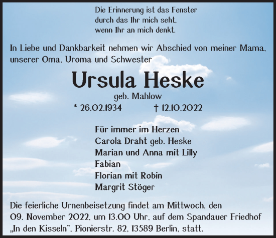 Traueranzeige von Ursula Heske von Berliner Woche / Spandauer Volksblatt