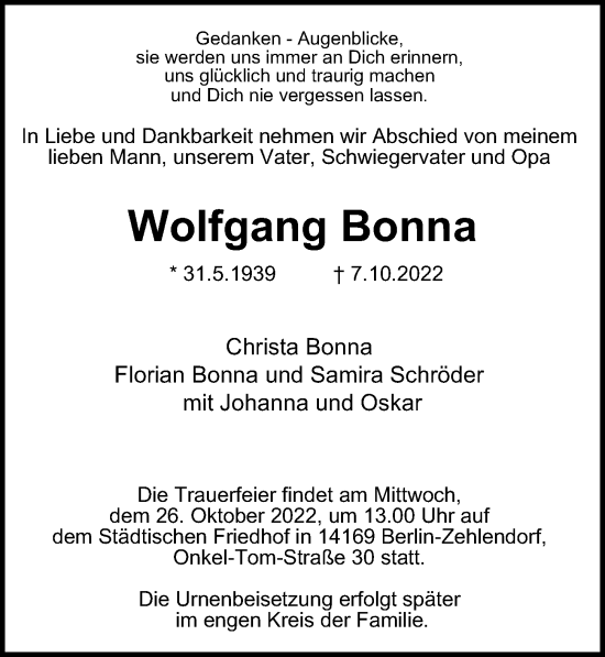 Traueranzeige von Wolfgang Bonna von Berliner Morgenpost