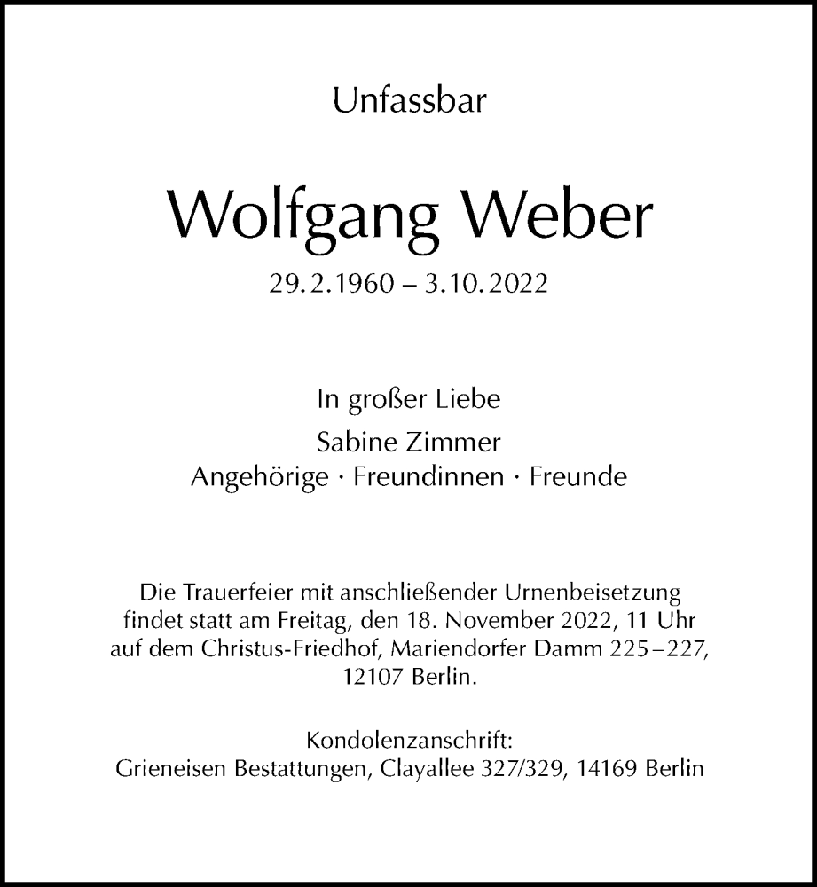  Traueranzeige für Wolfgang Weber vom 09.10.2022 aus Berliner Morgenpost
