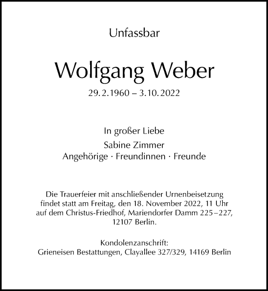 Traueranzeige von Wolfgang Weber von Berliner Morgenpost