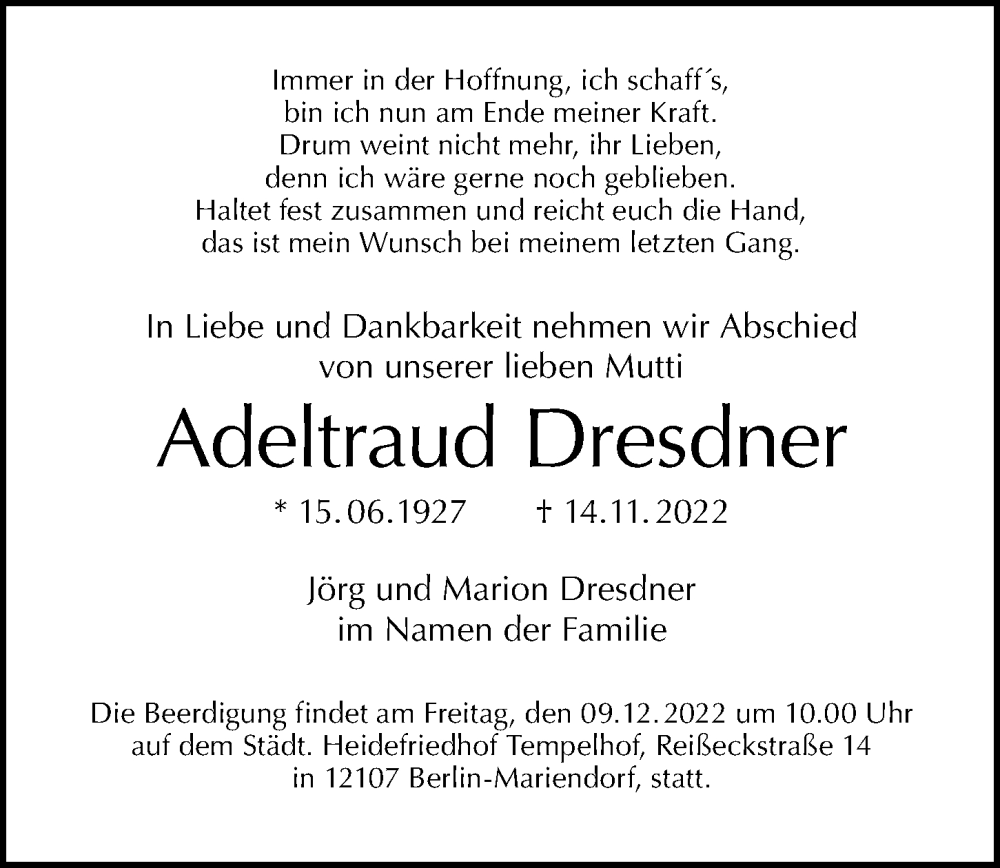  Traueranzeige für Adeltraud Dresdner vom 27.11.2022 aus Berliner Morgenpost