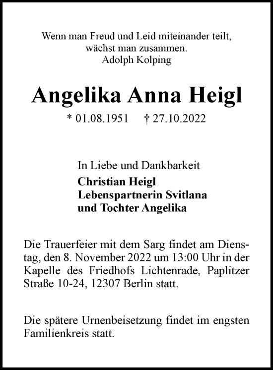 Traueranzeige von Angelika Anna Heigl von Berliner Woche / Spandauer Volksblatt