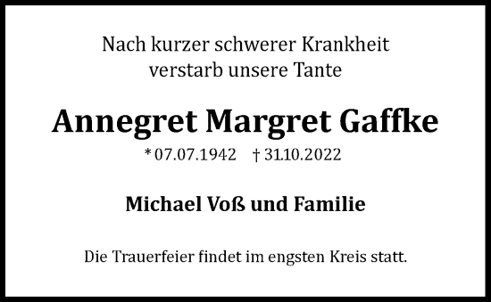 Traueranzeige von Annegret Margret Gaffke von Berliner Woche / Spandauer Volksblatt