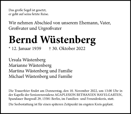 Traueranzeige von Bernd Wüstenberg von Berliner Morgenpost