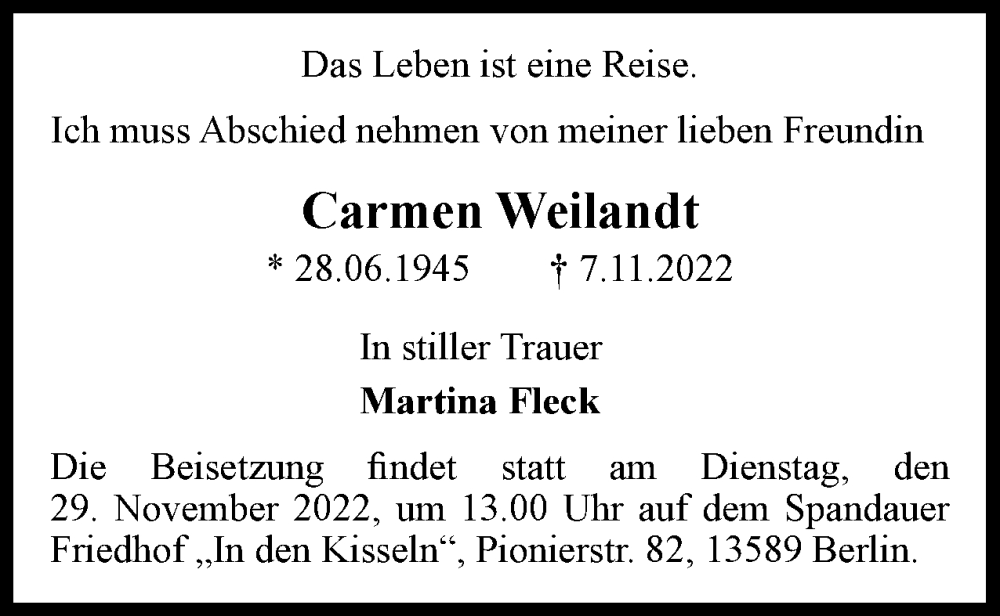  Traueranzeige für Carmen Weilandt vom 19.11.2022 aus Berliner Woche / Spandauer Volksblatt