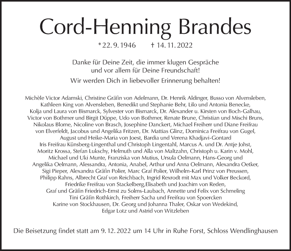  Traueranzeige für Cord-Henning Brandes vom 20.11.2022 aus Berliner Morgenpost