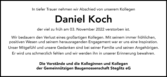 Traueranzeige von Daniel Koch von Berliner Morgenpost