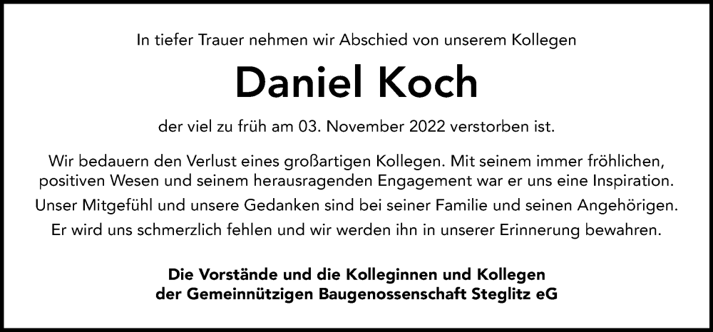  Traueranzeige für Daniel Koch vom 06.11.2022 aus Berliner Morgenpost