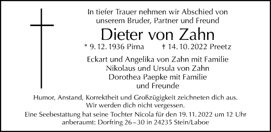 Traueranzeige von Dieter von Zahn von Berliner Morgenpost