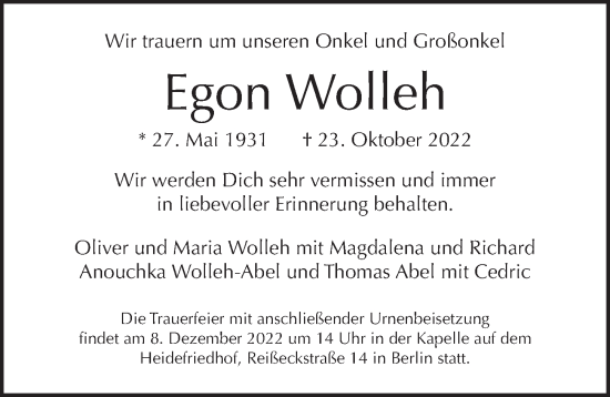 Traueranzeige von Egon Wolleh von Berliner Morgenpost