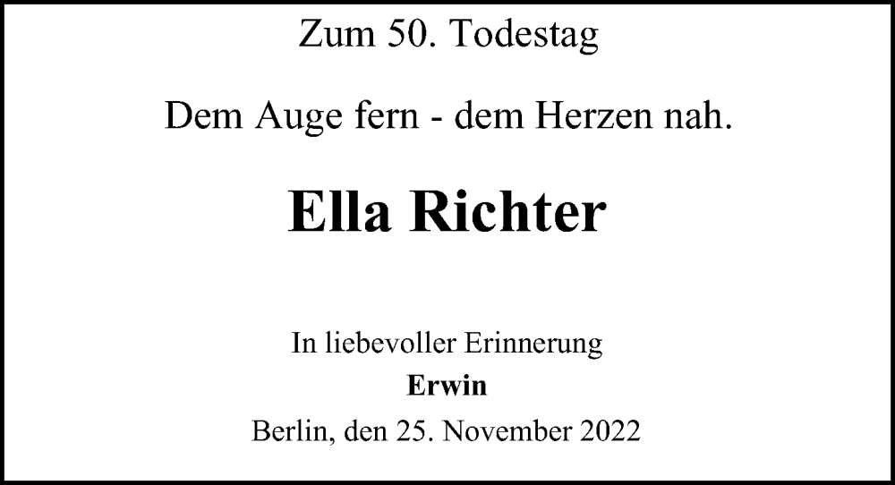 Traueranzeige für Ella Richter vom 25.11.2022 aus Berliner Morgenpost