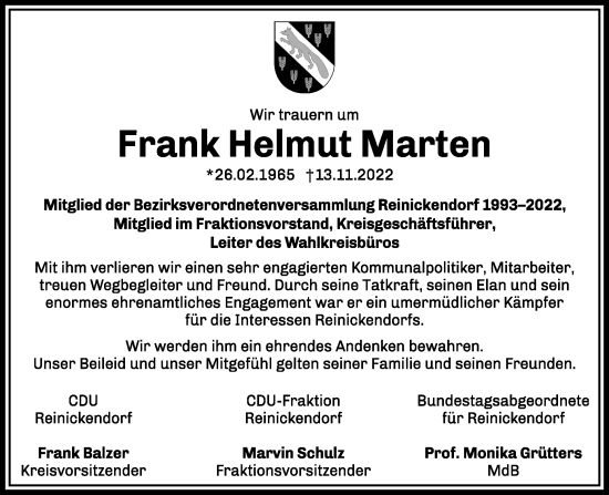 Traueranzeige von Frank Marten von Berliner Woche / Spandauer Volksblatt