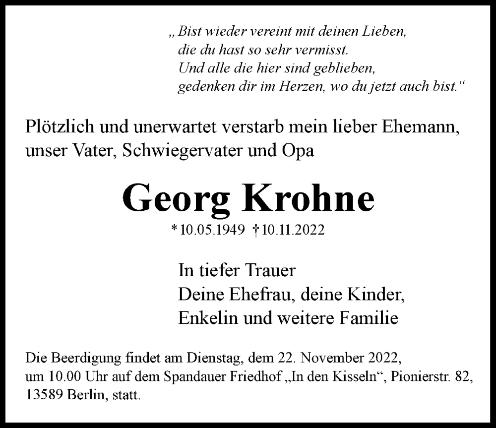  Traueranzeige für Georg Krohne vom 19.11.2022 aus Berliner Woche / Spandauer Volksblatt