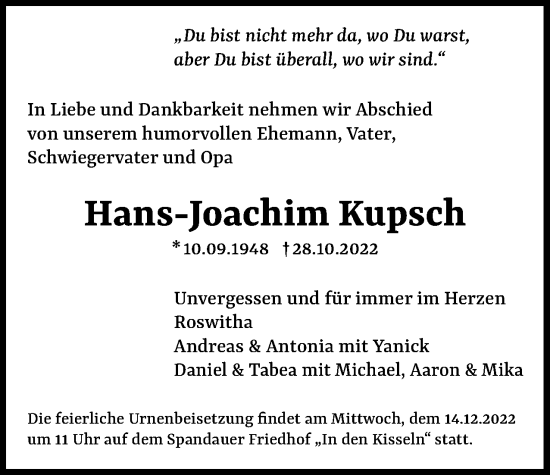 Traueranzeige von Hans-Joachim Kupsch von Berliner Woche / Spandauer Volksblatt