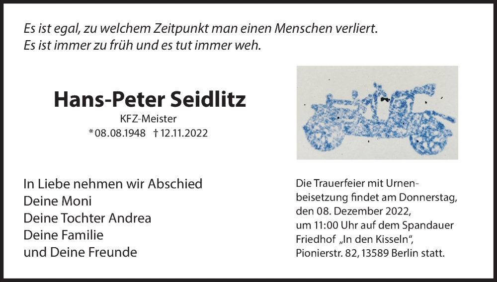  Traueranzeige für Hans-Peter Seidlitz vom 26.11.2022 aus Berliner Woche / Spandauer Volksblatt