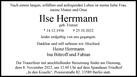 Traueranzeige von Ilse Herrmann von Berliner Woche / Spandauer Volksblatt