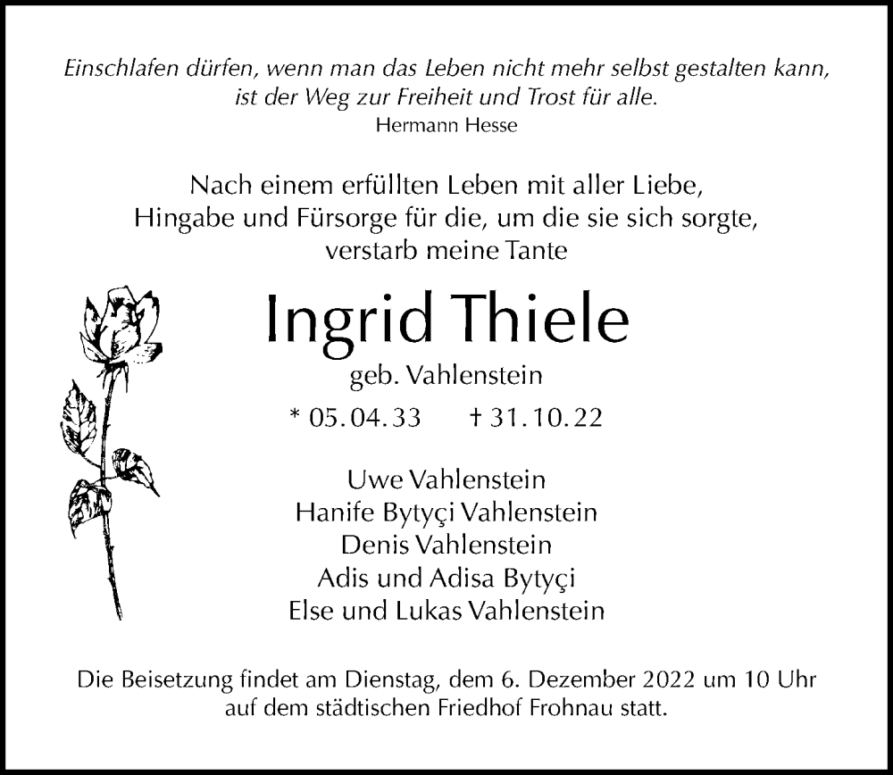  Traueranzeige für Ingrid Thiele vom 27.11.2022 aus Berliner Morgenpost