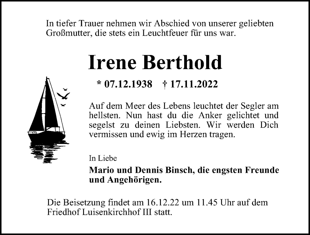  Traueranzeige für Irene Berthold vom 22.11.2022 aus Berliner Morgenpost