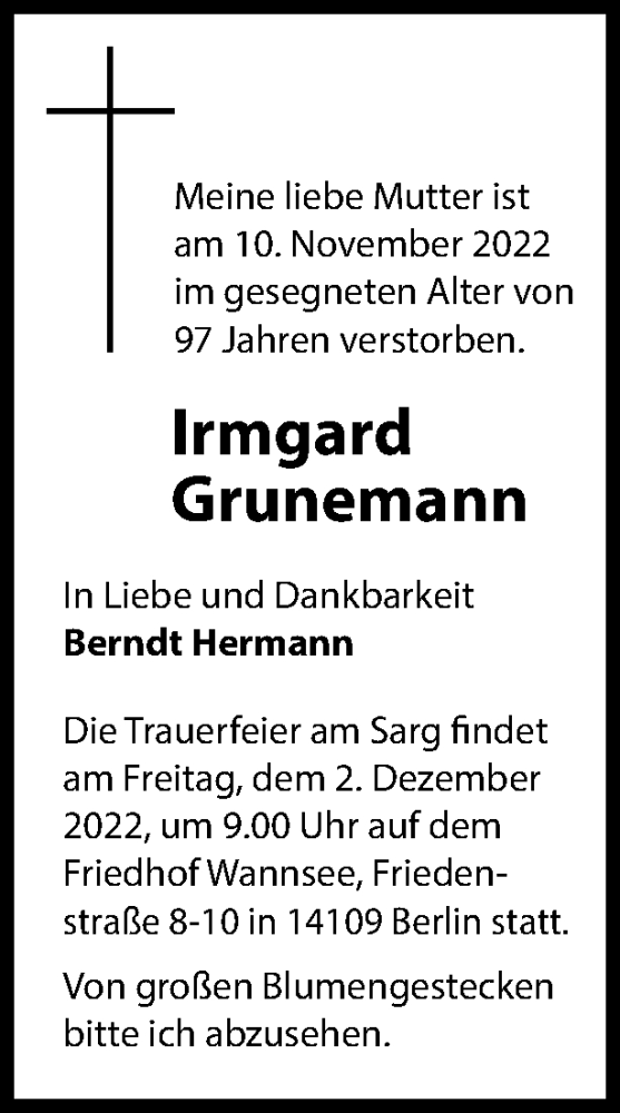  Traueranzeige für Irmgard Grunemann vom 26.11.2022 aus Berliner Woche / Spandauer Volksblatt