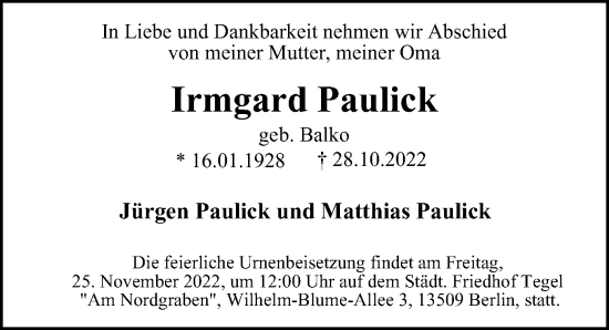 Traueranzeige von Irmgard Paulick von Berliner Morgenpost