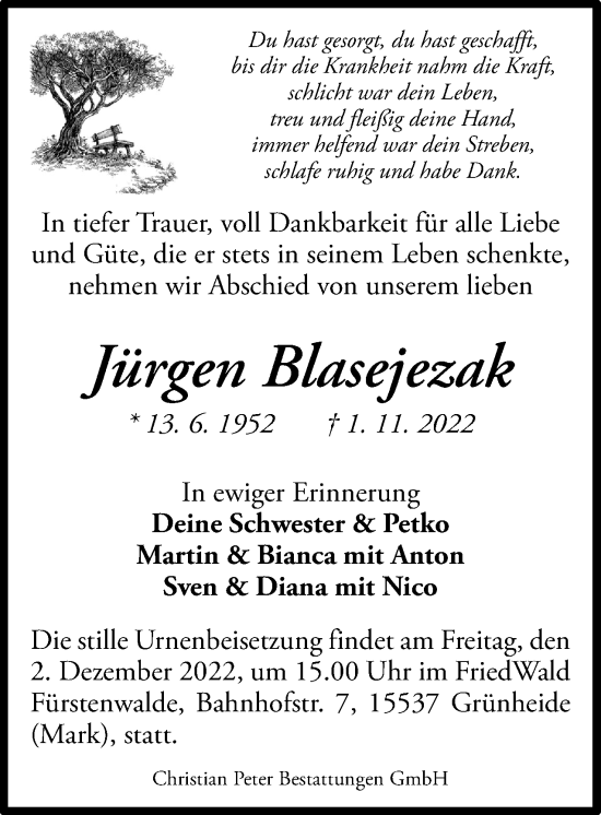 Traueranzeige von Jürgen Blasejezak von Berliner Woche / Spandauer Volksblatt