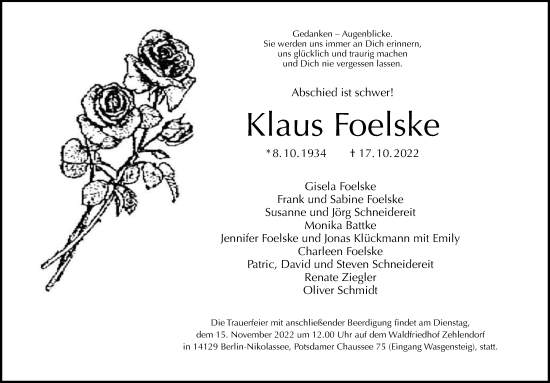 Traueranzeige von Klaus Foelske von Berliner Morgenpost