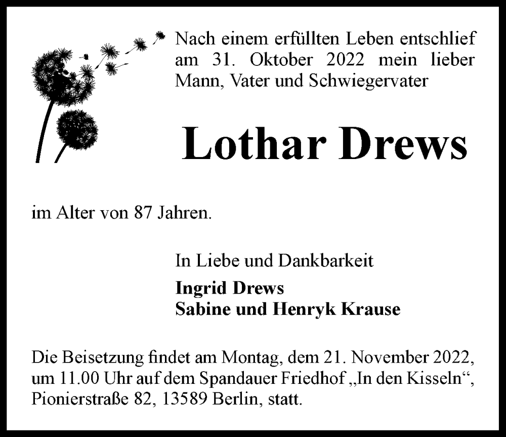  Traueranzeige für Lothar Drews vom 12.11.2022 aus Berliner Woche / Spandauer Volksblatt