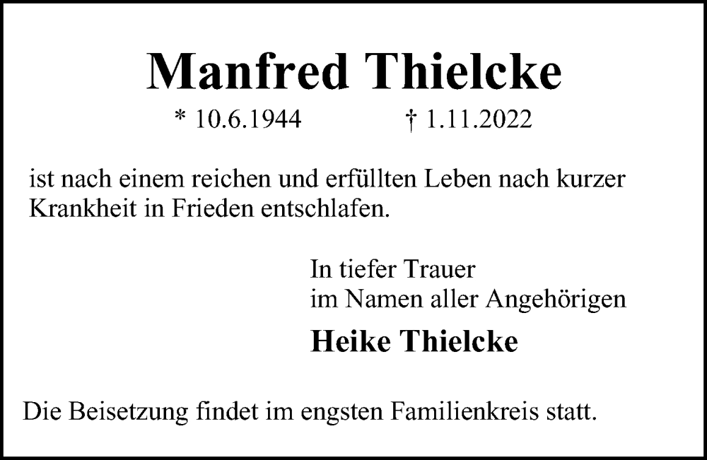  Traueranzeige für Manfred Thielcke vom 06.11.2022 aus Berliner Morgenpost