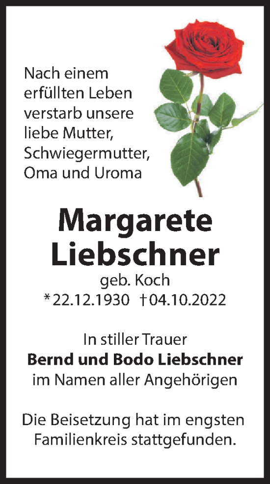 Traueranzeige von Margarete Liebschner von Berliner Woche / Spandauer Volksblatt