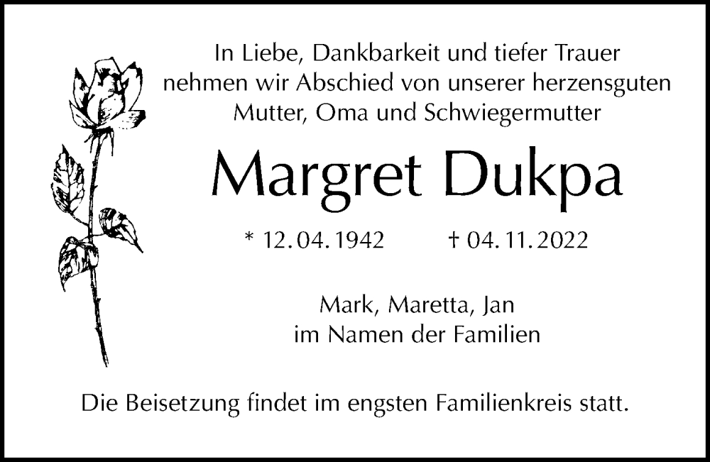  Traueranzeige für Margret Dukpa vom 20.11.2022 aus Berliner Morgenpost