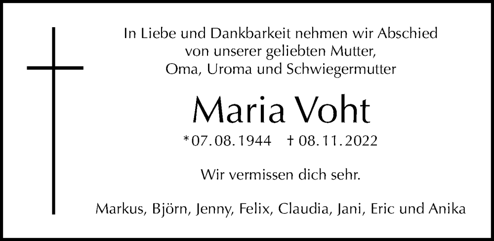  Traueranzeige für Maria Voht vom 27.11.2022 aus Berliner Morgenpost