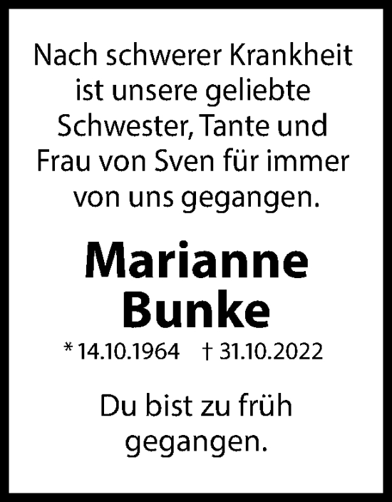 Traueranzeige von Marianne Bunke von Berliner Woche / Spandauer Volksblatt