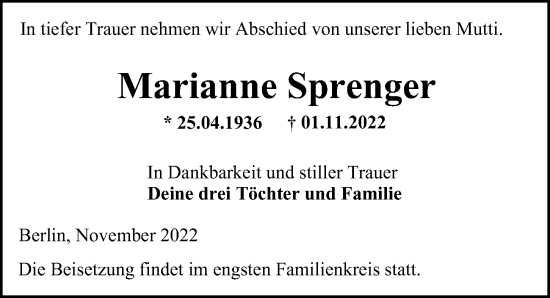 Traueranzeige von Marianne Sprenger von Berliner Morgenpost