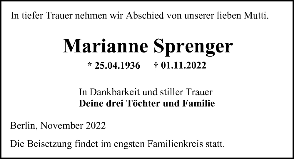  Traueranzeige für Marianne Sprenger vom 20.11.2022 aus Berliner Morgenpost