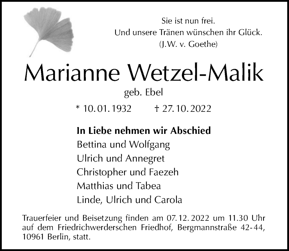  Traueranzeige für Marianne Wetzel-Malik vom 27.11.2022 aus Berliner Morgenpost