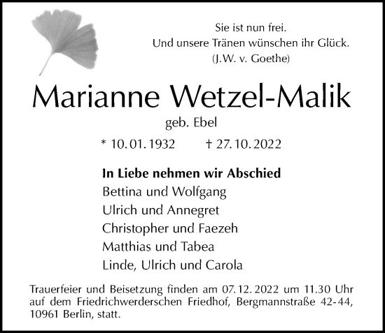 Traueranzeige von Marianne Wetzel-Malik von Berliner Morgenpost