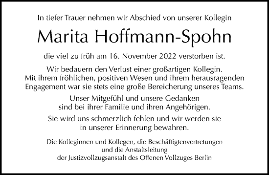 Traueranzeige von Marita Hoffmann-Spohn von Berliner Morgenpost