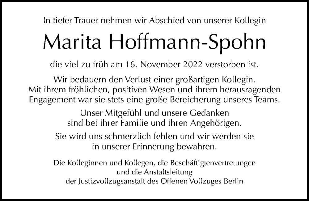  Traueranzeige für Marita Hoffmann-Spohn vom 20.11.2022 aus Berliner Morgenpost