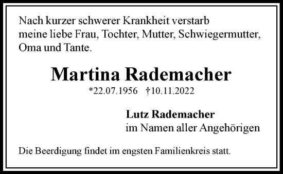 Traueranzeige von Martina Rademacher von Berliner Woche / Spandauer Volksblatt