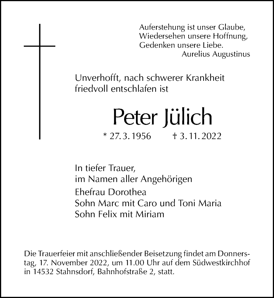  Traueranzeige für Peter Jülich vom 13.11.2022 aus Berliner Morgenpost