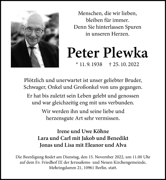 Traueranzeige von Peter Plewka von Berliner Morgenpost