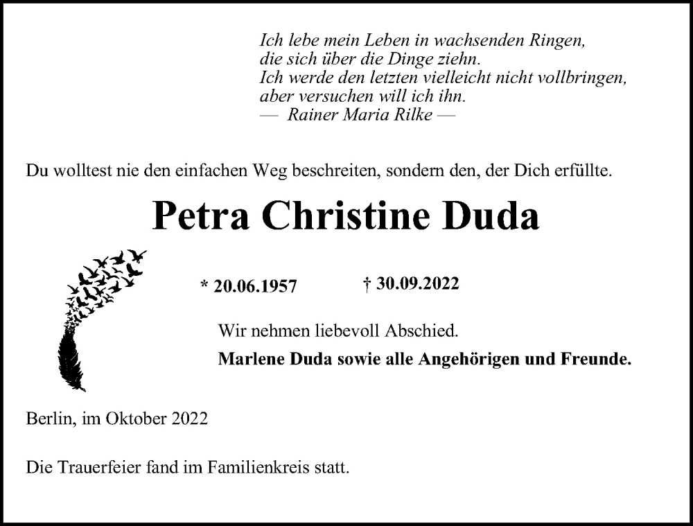  Traueranzeige für Petra Christine Duda vom 05.11.2022 aus Berliner Morgenpost