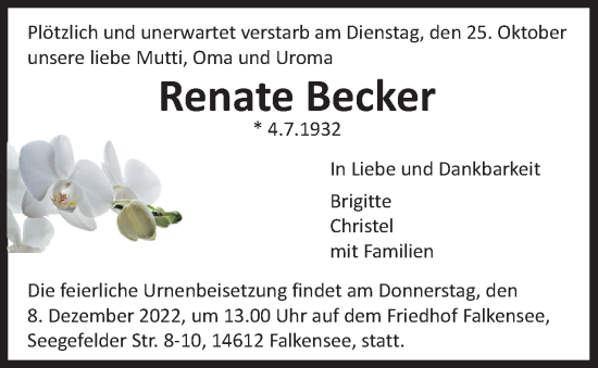 Traueranzeige von Renate Becker von Berliner Woche / Spandauer Volksblatt