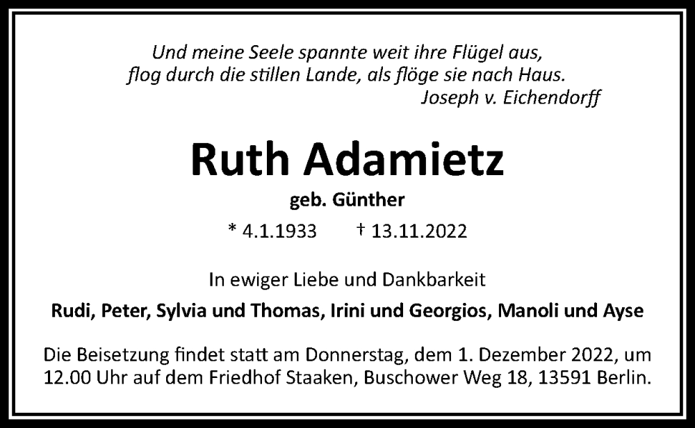  Traueranzeige für Ruth Adamietz vom 26.11.2022 aus Berliner Woche / Spandauer Volksblatt