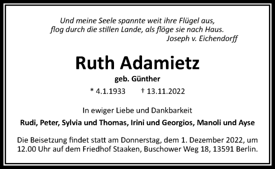 Traueranzeige von Ruth Adamietz von Berliner Woche / Spandauer Volksblatt